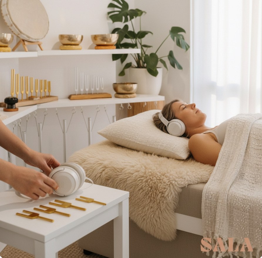 A client resting on the lounge with headphones while a practitioner prepares tuning forks